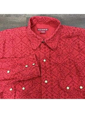 Red Ranch Mens Medium Red Western Snap Button Cowboy Shirt 100% Cotton Geometric